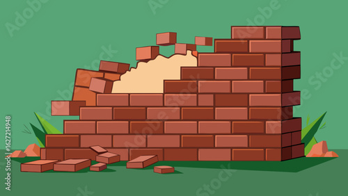 A stylized vector illustration of a broken brick wall with bricks falling away and a pile of rubble at its base, set against a simple green background.