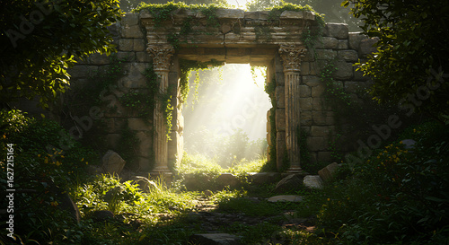Fototapeta Naklejka Na Ścianę i Meble -  Sunlight pours through an overgrown, forgotten stone portal in an enchanted forest, beckoning towards a hidden world.