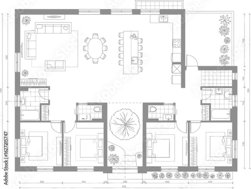 Architectural floor plan drawing of a modern single story house with three bedrooms and an open living area
