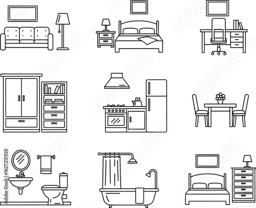 Collection of nine hand drawn line art illustrations depicting various rooms and furniture in a house for interior design concepts