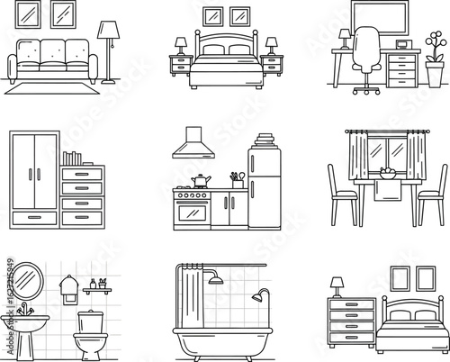 Collection of nine hand drawn sketch illustrations depicting various rooms and furniture in a home interior design