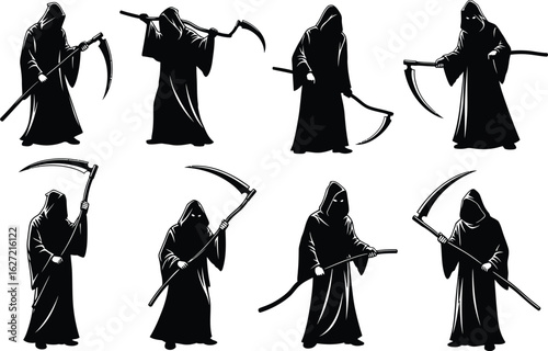 Collection of eight grim reaper silhouettes holding scythes in various poses against white background