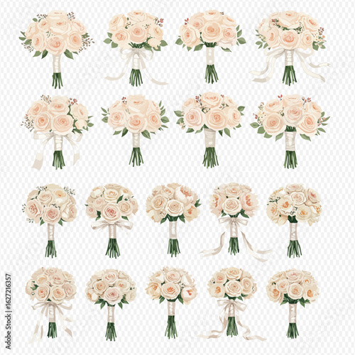 A set of twenty beautiful wedding bouquets with cream and pale pink roses, tied with ribbons.