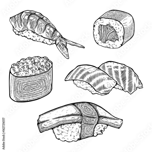 Sushi Set Vector – Salmon, Egg, Roe, Shrimp Nigiri Line Art