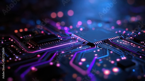 Glowing circuit board with neon lights for technology and innovation