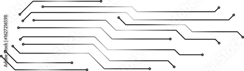 Black and white abstract background of a circuit board design with digital arrows and a microchip symbolizing technology and success