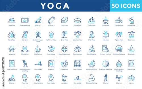 Yoga icons set with yoga mat, yoga block, yoga strap, bolster, blanket, eye pillow, meditation cushion, incense, singing bowl, essential oils icon. Simple line color vector 

