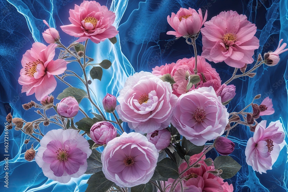 Serene Floral Background with Spectral X-Ray Imagery and Elegant Blooms for Art, Design, and Invitations Serene Floral Background with Spectral X-Ray Imagery and Elegant Blooms for Art, Design, and Invitations