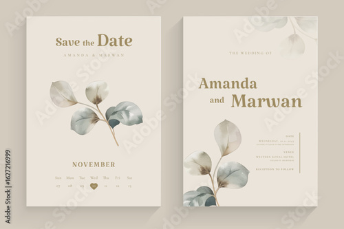 Aesthetic Wedding Invitation with Watercolor Green Leaves Arrangement