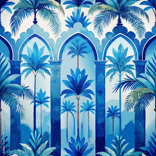 Exotic blue watercolor palm trees and arches in a repeating seamless pattern