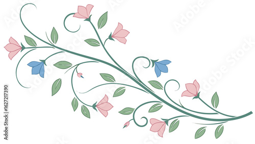 Elegant floral vine with delicate pink and blue bell shaped flowers and green leaves on a white background