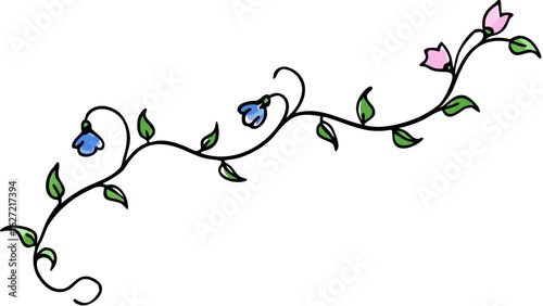 Whimsical hand drawn floral vine with blue and pink bell flowers and green leaves