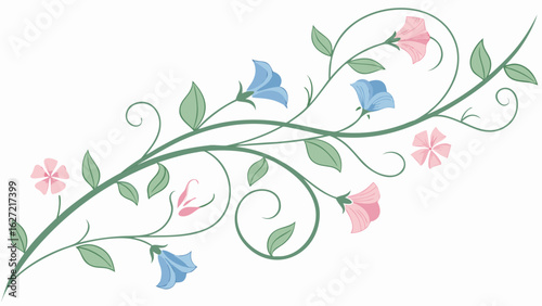 Delicate floral vine with pink and blue bell shaped flowers and green leaves on a white background