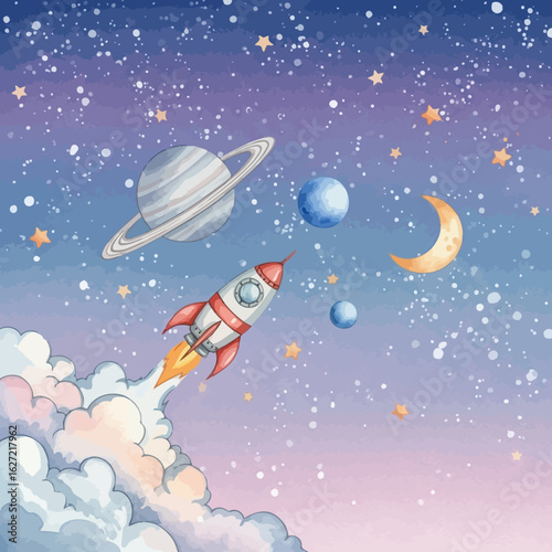 Watercolor illustration of a rocket ship flying through a dreamy galaxy filled with planets, stars, and a crescent moon against a soft, colorful background.
