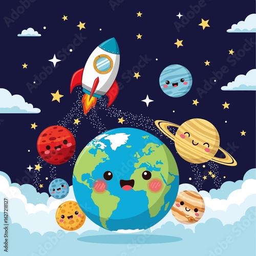 Cute cartoon planets and a rocket ship explore the starry night sky with smiling faces and fluffy clouds.