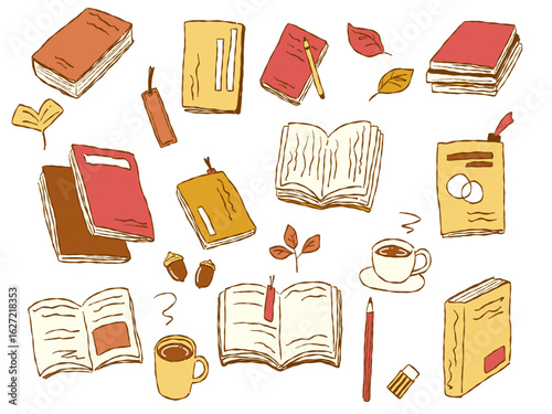 手描きテイストな秋の読書グッズのイラストセット(カラー・秋色02)