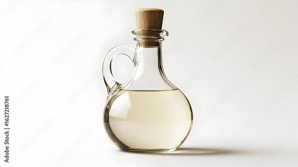 Clear glass bottle containing white vinegar, isolated on pure white background with clipping path for product packaging and culinary ingredient presentation Clear glass bottle containing white vinegar, isolated on pure white background with clipping path for product packaging and culinary ingredient presentation