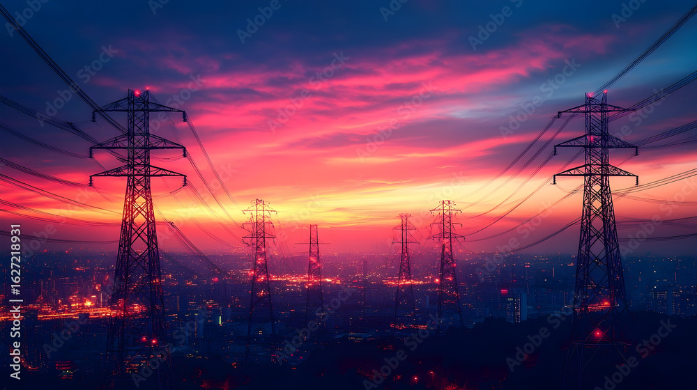 Fototapeta premium High-voltage urban power poles linked by smart grid technology, showcasing efficient transmission and reliable energy distribution within a connected city electrical network