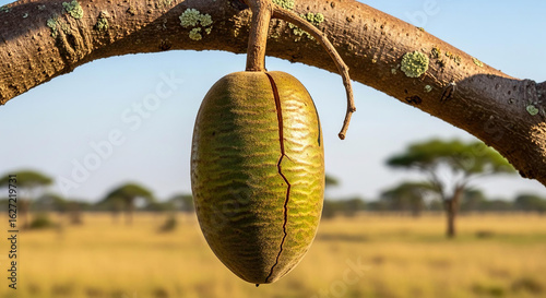 Close-up of a Kigelia africana sausage tree fruit pod hanging in the African savanna