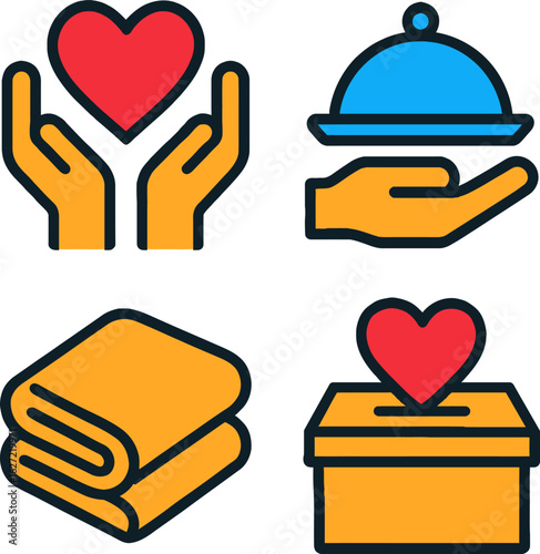 Hands holding heart, food tray, blanket, donation box bundle