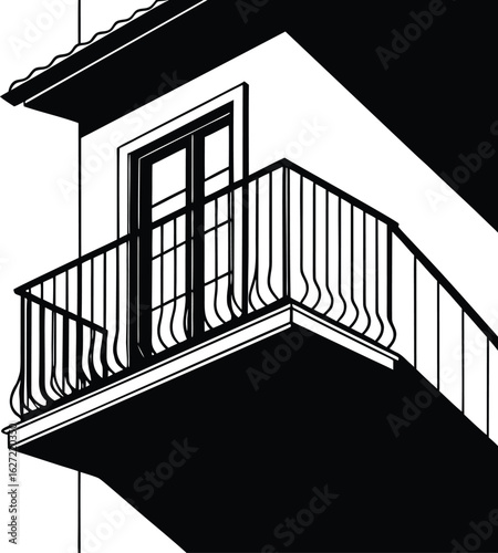 Single balcony with railing and dramatic shadow silhouette