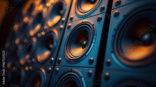 Cutting-edge high-end studio monitor loudspeakers placed in acoustic-treated rooms, ideal for music production, sound engineering, and high-quality home theater experiences