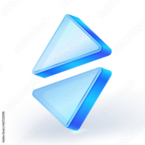 Modern 3D icon featuring two glossy blue glass triangles pointing up and down, symbolizing data transfer, exchange, or sorting. Isolated on a clean white background, perfect for digital concepts.