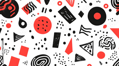 Contemporary seamless vector pattern with dynamic red linear doodles creating a variety of playful abstract shapes, well-suited for stylish children’s clothing, book illustrations, and trendy digital 