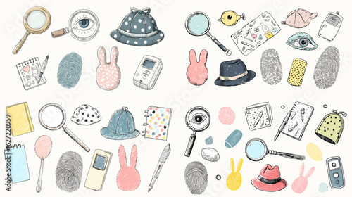 Cute hand-drawn detective-themed icons including magnifying glasses, hats, fingerprints, and tools, perfect for mystery games, books, or kids’ detective stories.

