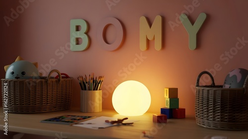 Wallpaper Mural Soft glowing egg shaped lamp illuminates a child s desk with wooden letters spelling out a name on the wall Torontodigital.ca