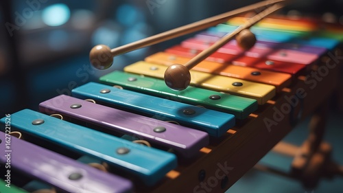 Close up of colorful xylophone with mallets ready to play a musical melody