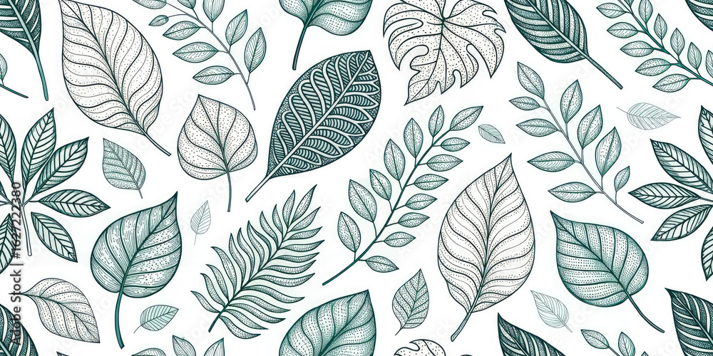 Obraz premium Exquisite botanical sketch pattern featuring detailed leaf illustrations and natural textures, perfect for design projects.