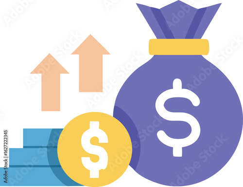 Money bag coin and growth arrows finance income