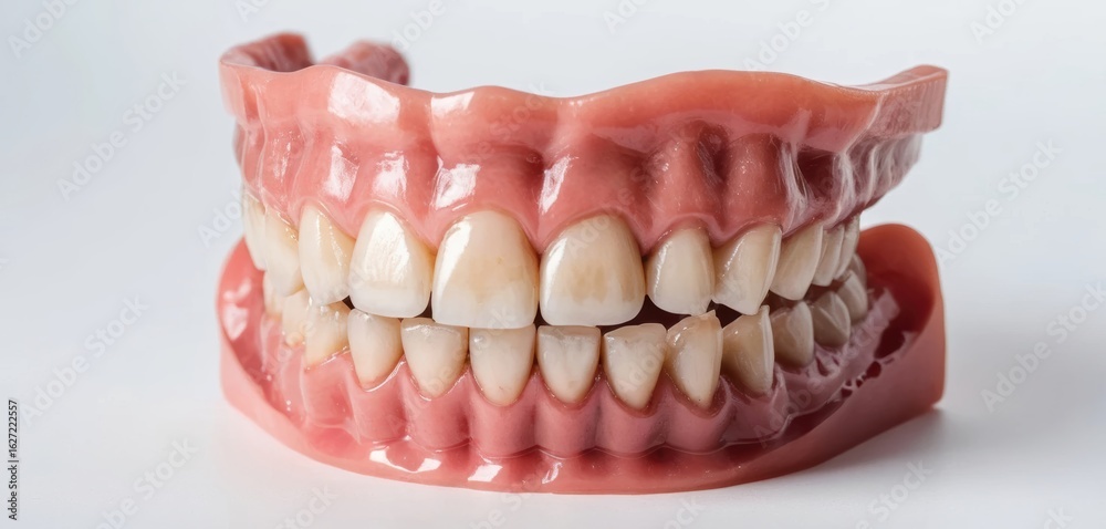 Obraz premium A full set of upper and lower denture models perfectly arranged on a clean white background, showcasing detailed teeth and gums for dental education and product advertising.
