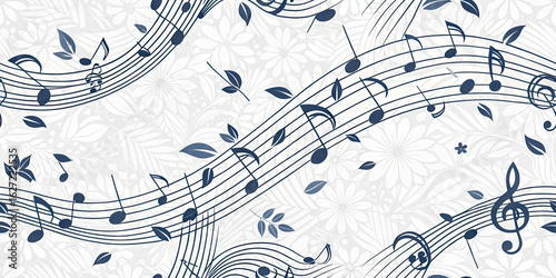 Elegant musical notes dance across a soft floral pattern, creating a harmonious and artistic visual.