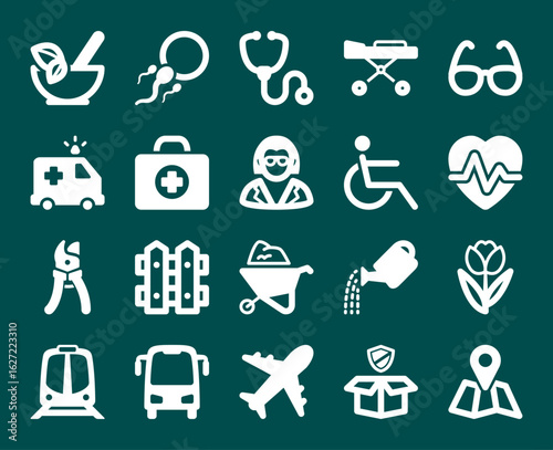 Icons collection, 20 icons dark green illustration vector