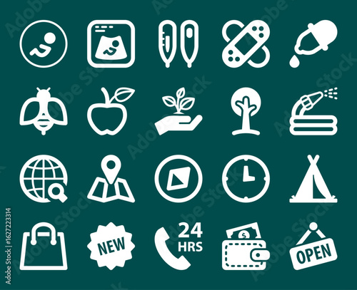Icons collection, 20 icons dark green illustration vector