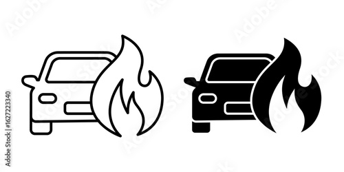 Car on fire icon set. Car insurance policy finance symbol. Insurance icons. Car with fire label, logo, symbol, sign, flat vector, isolated illustration on white background.