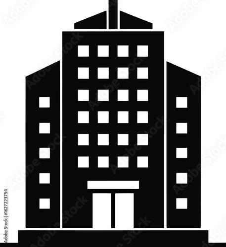 Silhouette of a hotel building with vertical signage isolated on transparent background