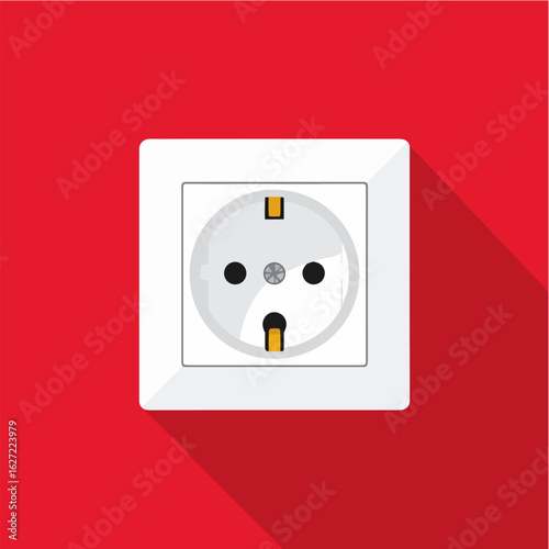 Flat vector illustration of a standard power socket on a bright red background, representing electricity, energy, and household appliances.