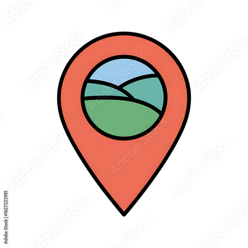 Free Download Stylized location pin icon with a landscape scene inside on a black background marker navigation - GFXLoad