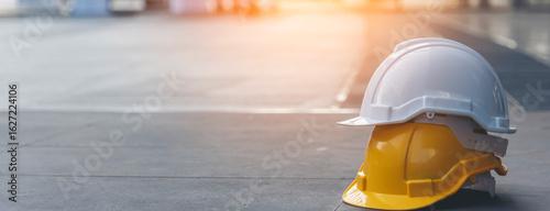 Banner Construction hard hat safety tools equipment workers in construction site engineering protection head hang on wood wall. Banner Many hard hat row helmet with copy space. Engineering Concept