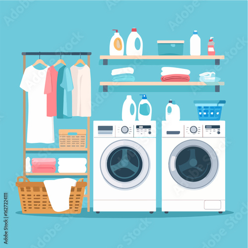 Flat vector illustration of a bright and organized laundry room with two white washing machines, shelves with cleaning supplies, a clothing rack and laundry baskets, on a light blue background.
