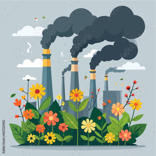 Illustration contrasting industrial pollution from factories and vibrant nature with colorful flowers, highlighting environmental issues and the need for sustainable solutions.