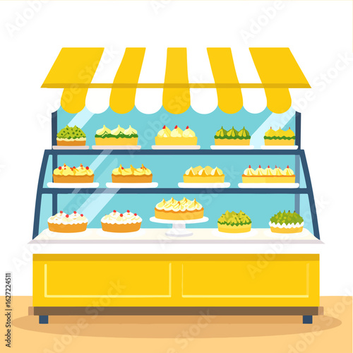 Illustration of a pastry display case filled with assorted cakes and tarts, perfect for promoting bakeries, dessert shops, or food-related content.