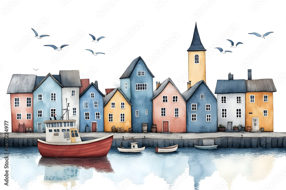 Fototapeta premium Watercolor Landscape of Old Town Marine Harbour with Beautiful Houses, Seabirds, and Fishing Boat Featuring Scenic Sea City for Posters, Wallpapers, and Invitations