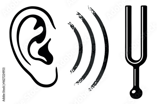 Illustration of an ear, sound waves, and a tuning fork symbolizing the perception of sound, hearing, and the science of acoustics, in black and white minimalist design