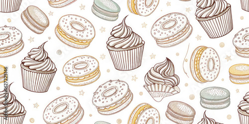 Delightful hand-drawn pattern of macarons, cupcakes, and donuts perfect for sweet treats and bakery themes