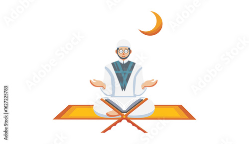 Vector illustration of Muslim man reading the Quran on a prayer rug with crescent moon 