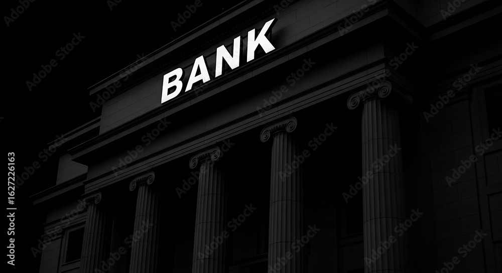 Obraz premium Dramatic black and white shot of a bank building with the word bank illuminated above